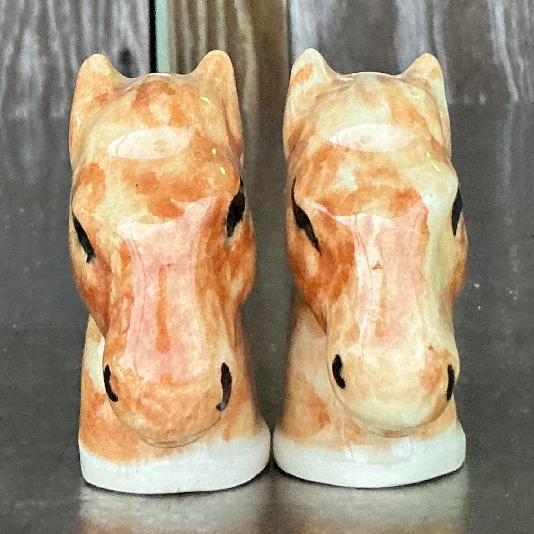 American Vintage Boho Glazed Ceramic Horse Salt and Pepper Shakers - a Pair For Sale
