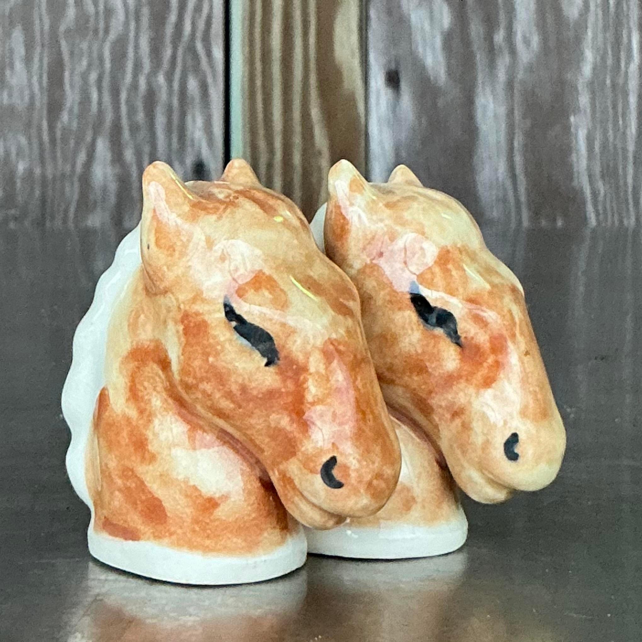 Vintage Boho Glazed Ceramic Horse Salt and Pepper Shakers - a Pair For Sale 1