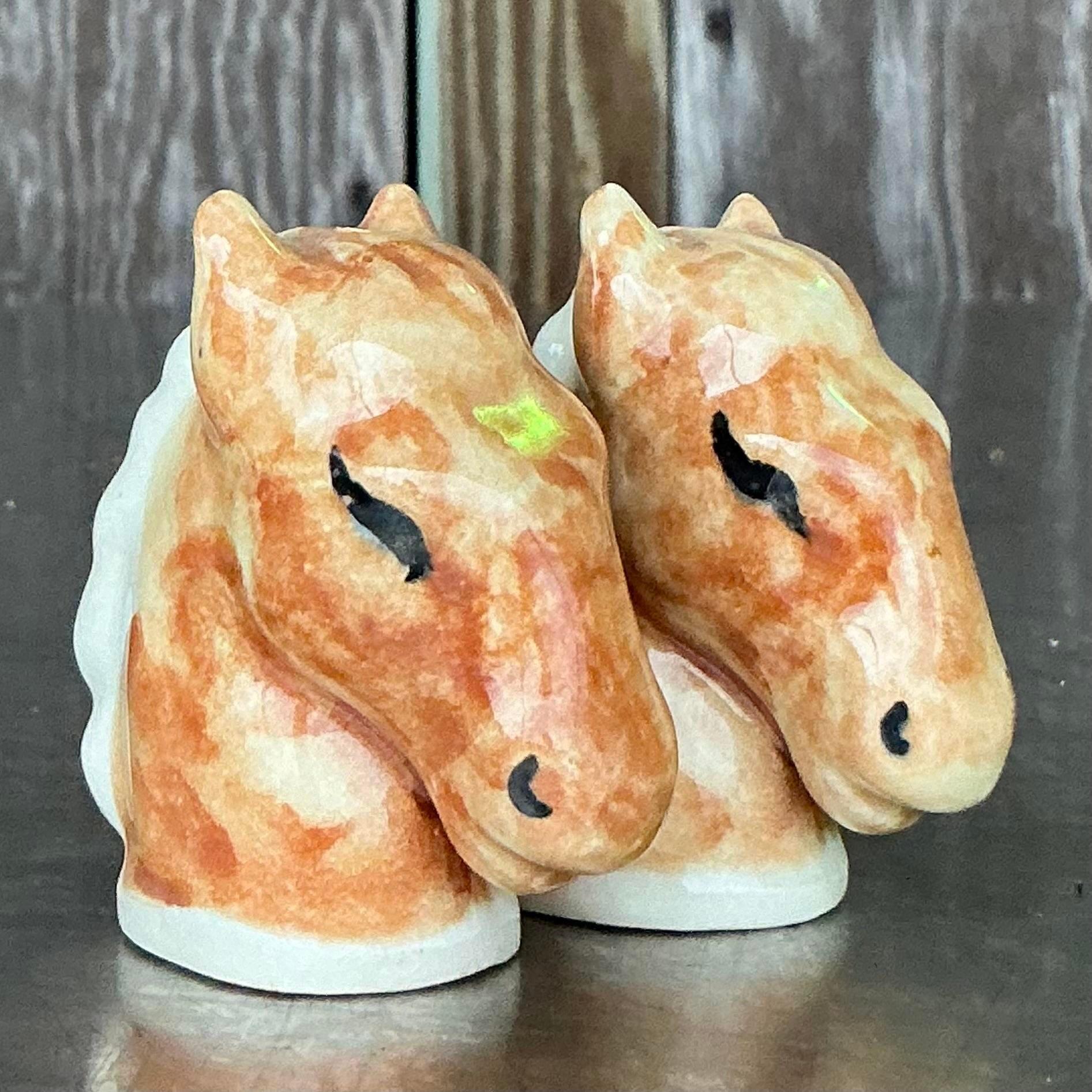 Vintage Boho Glazed Ceramic Horse Salt and Pepper Shakers - a Pair For Sale 2