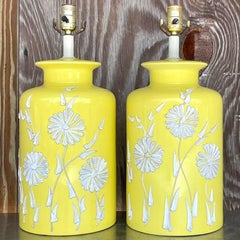 Vintage Boho Glazed Ceramic Icing Flower Lamps - a Pair