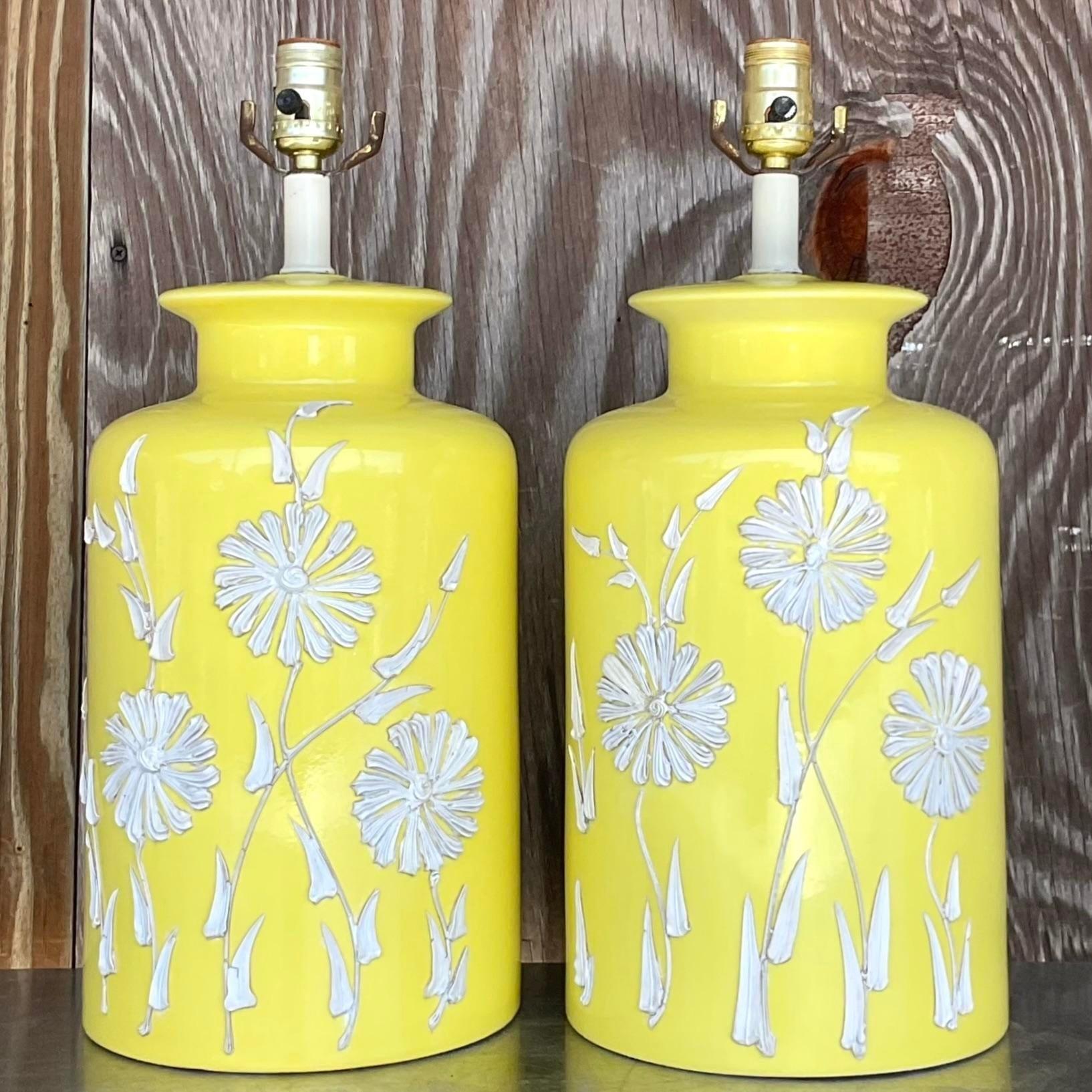 American Vintage Boho Glazed Ceramic Icing Flower Lamps - a Pair