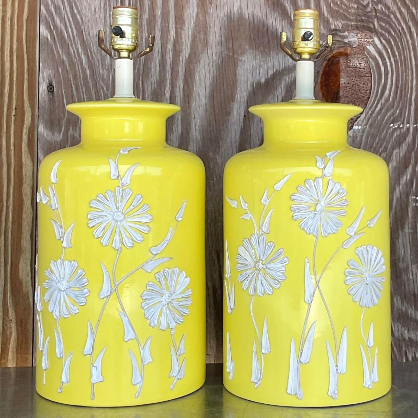 20th Century Vintage Boho Glazed Ceramic Icing Flower Lamps - a Pair For Sale