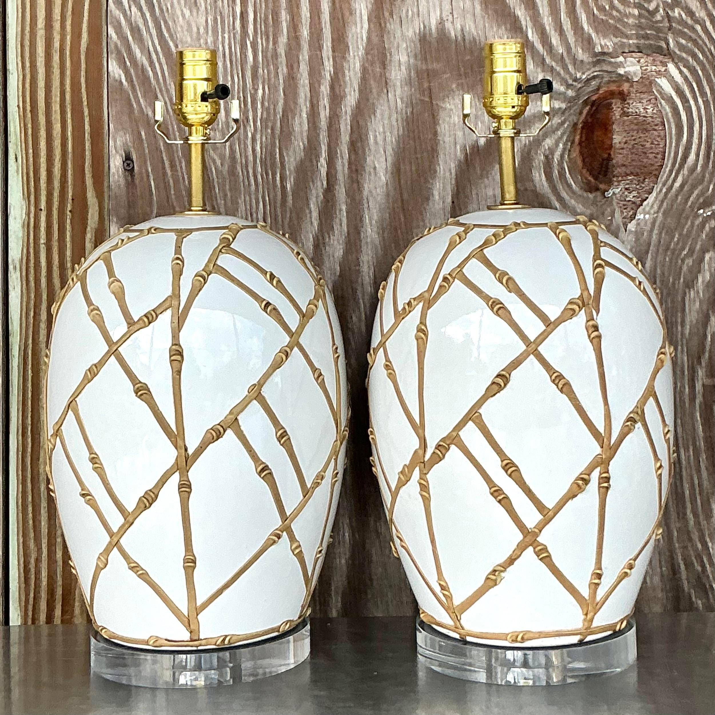 Vintage Boho Glazed Ceramic Icing Lamps - a Pair In Good Condition In West Palm Beach, FL