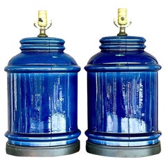 Vintage Boho Glazed Ceramic Indigo Blue Lamps - a Pair