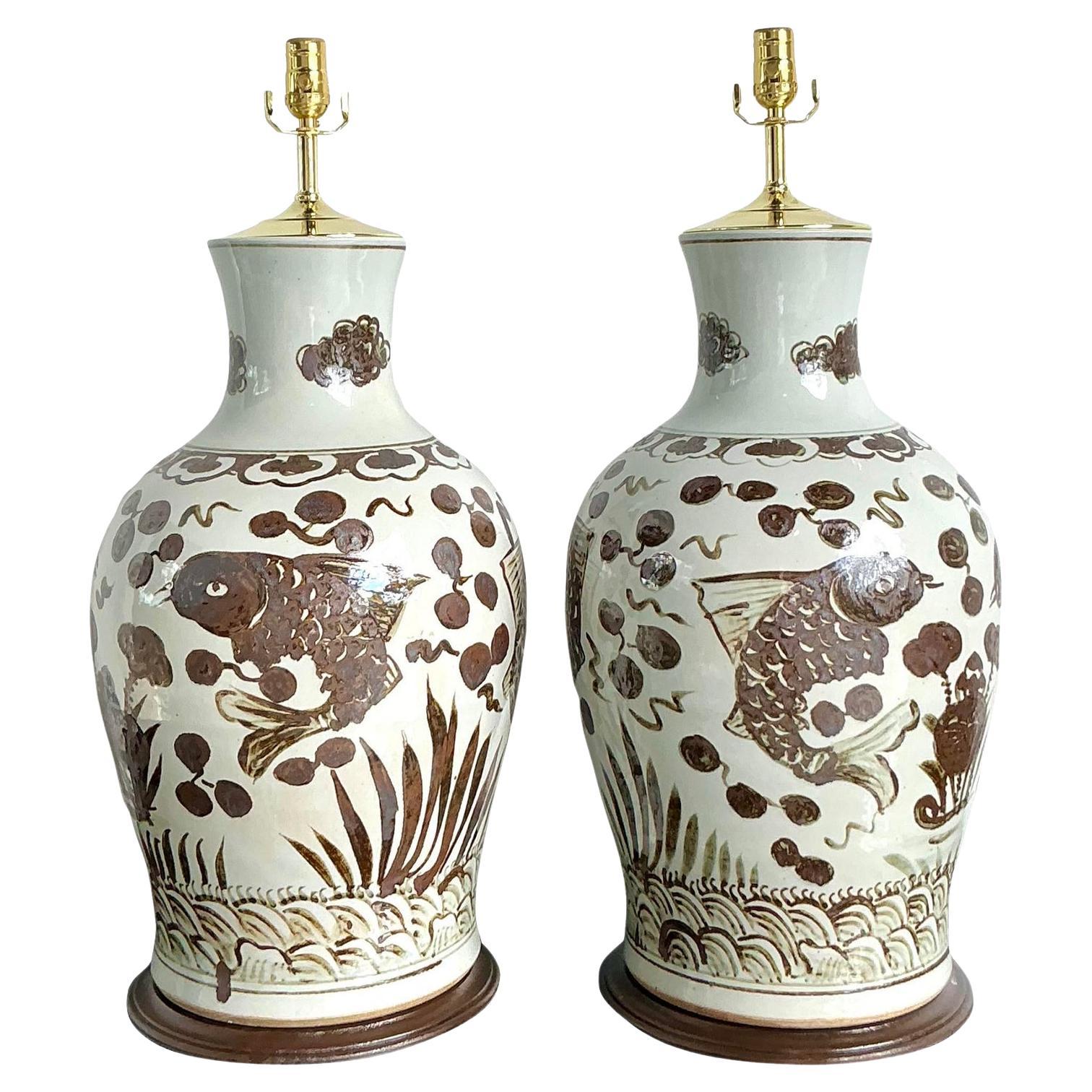 Vintage Boho Glazed Ceramic Koi Lamps - A Pair For Sale