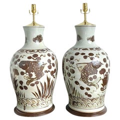Vintage Boho Glazed Ceramic Koi Lamps - A Pair