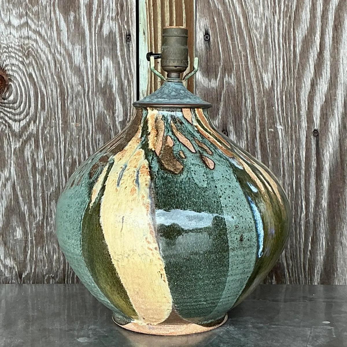 American Vintage Boho Glazed Ceramic Lamp For Sale