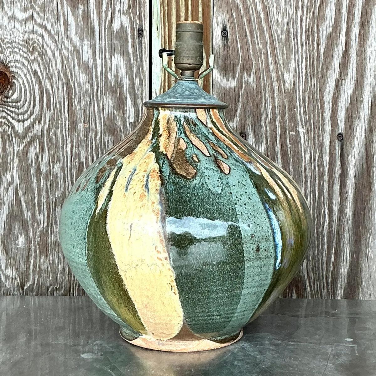 Vintage Boho Glazed Ceramic Lamp In Good Condition For Sale In west palm beach, FL