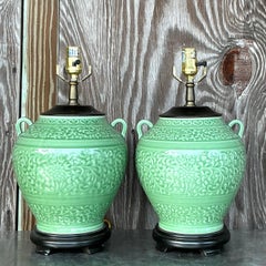 Vintage Boho Glazed Ceramic Lamps - a Pair