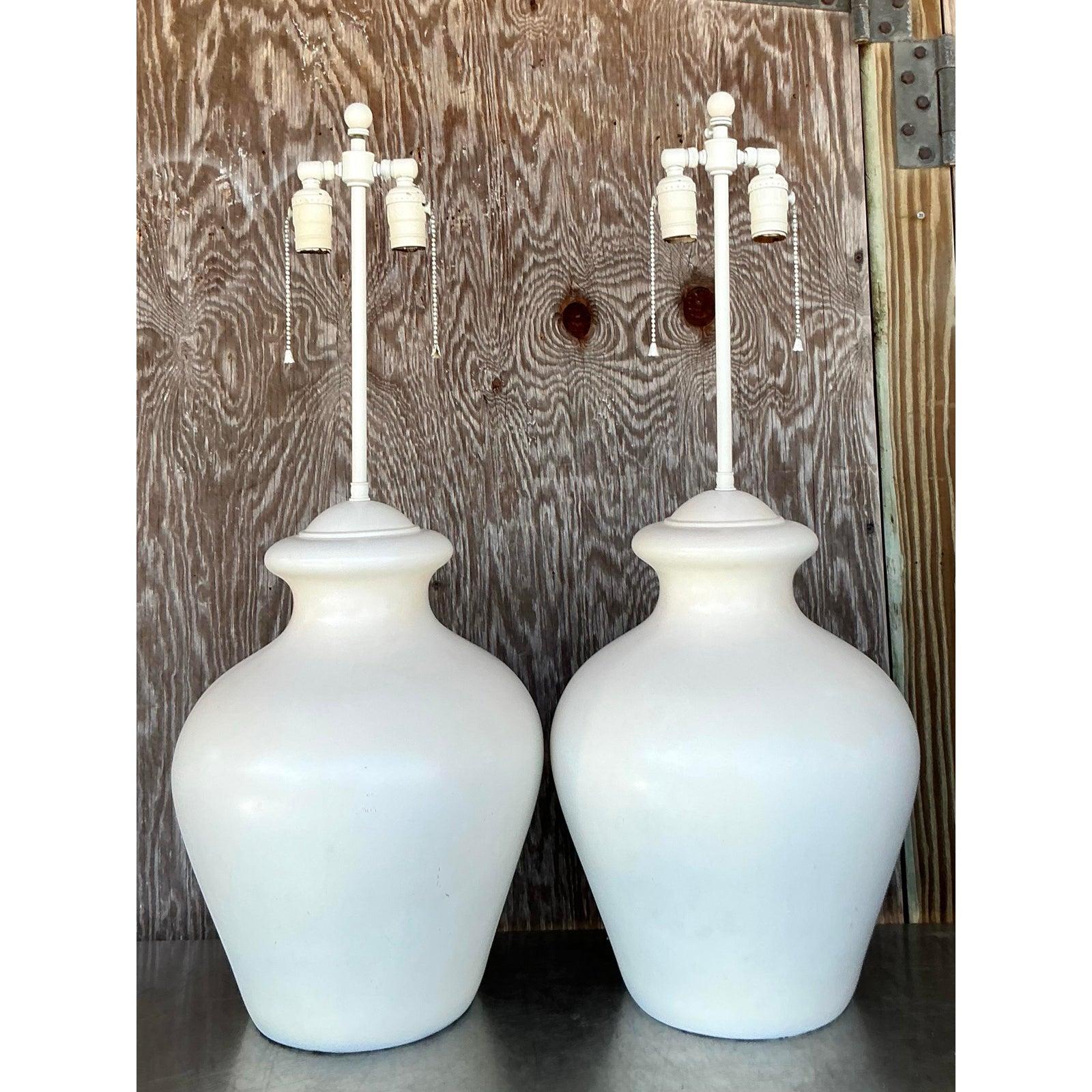 Metal Vintage Boho Glazed Ceramic Lamps - A Pair For Sale