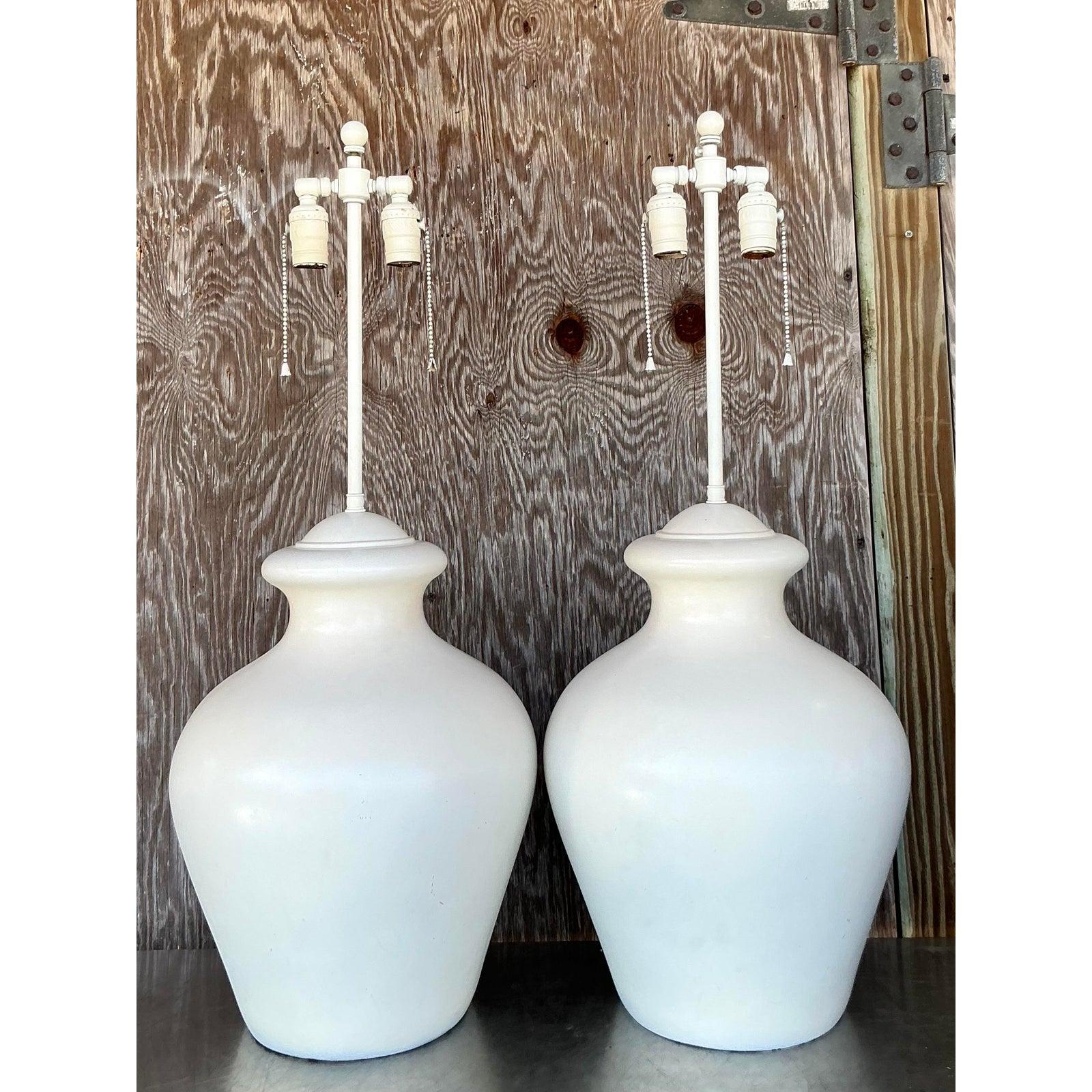 Vintage Boho Glazed Ceramic Lamps - A Pair For Sale 1
