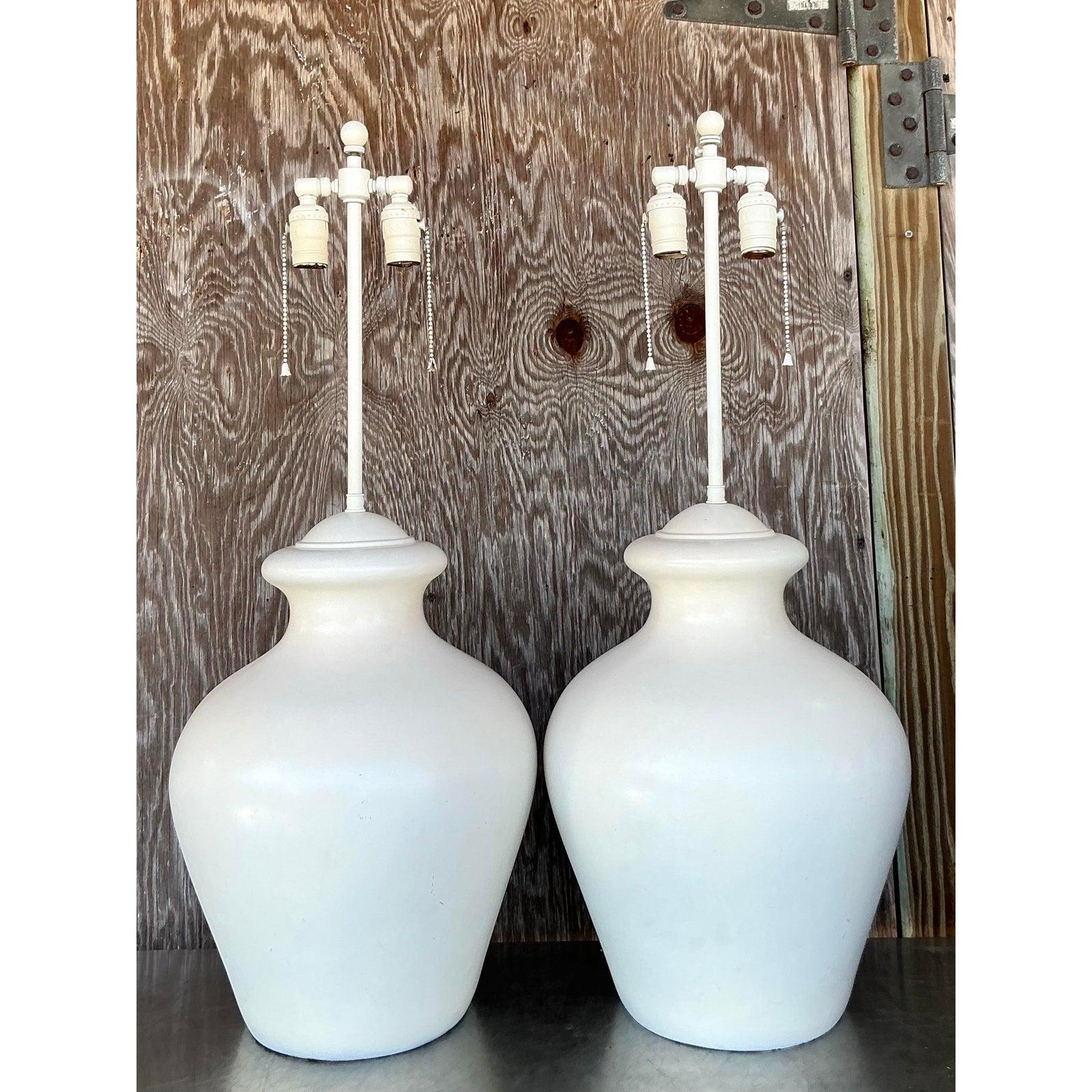 Vintage Boho Glazed Ceramic Lamps - A Pair For Sale 2