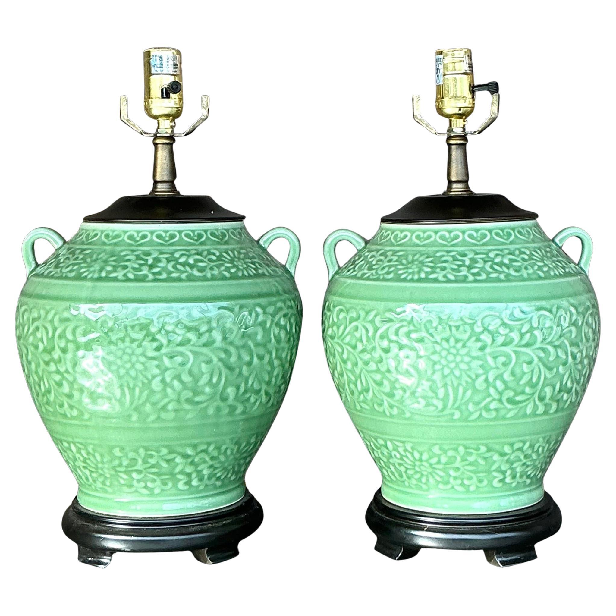 Vintage Boho Glazed Ceramic Lamps - a Pair