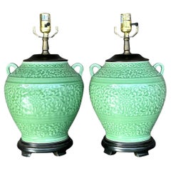 Vintage Boho Glazed Ceramic Lamps - a Pair