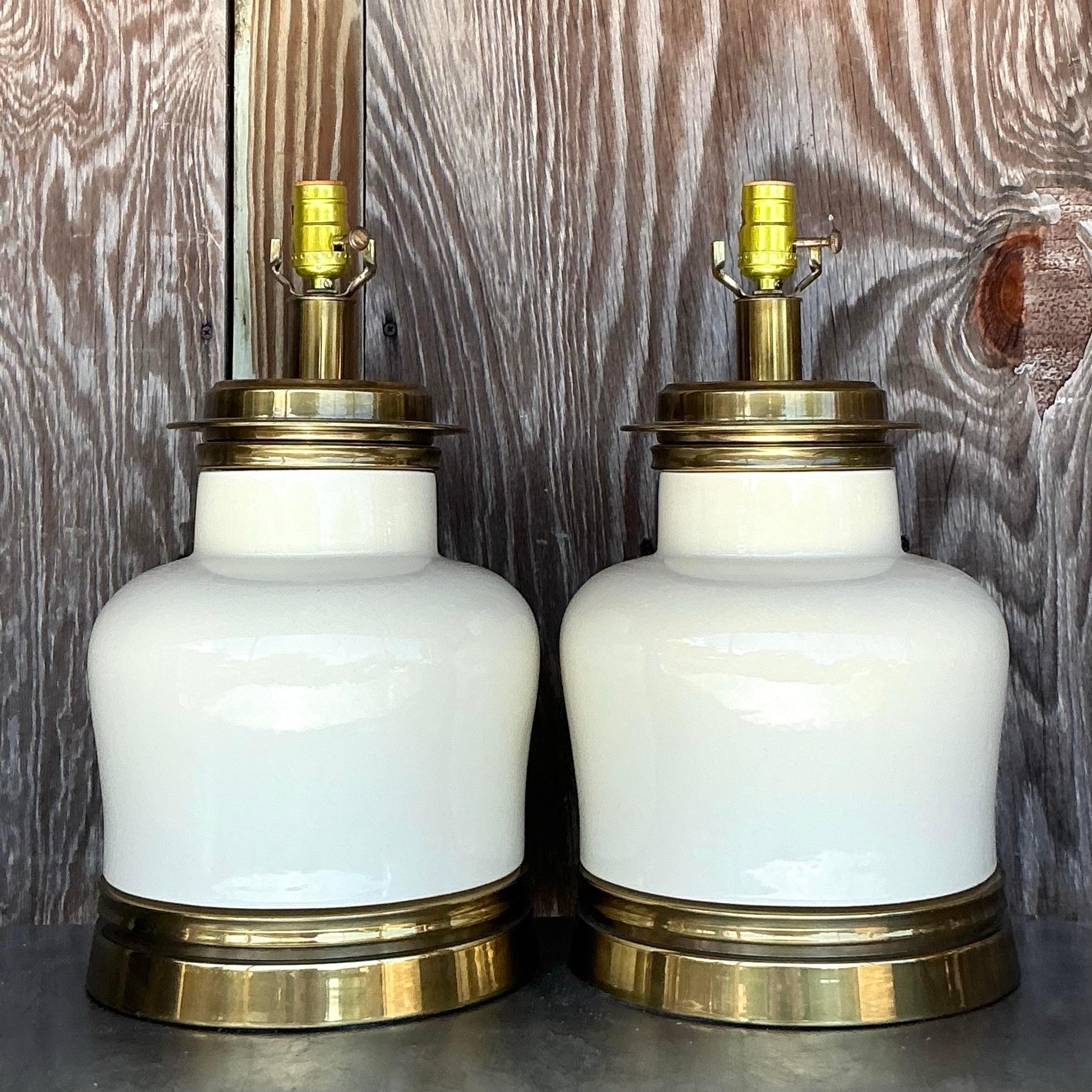 20ième siècle Paire de lampes bohème vintage en céramique émaillée d'après Chapman en vente