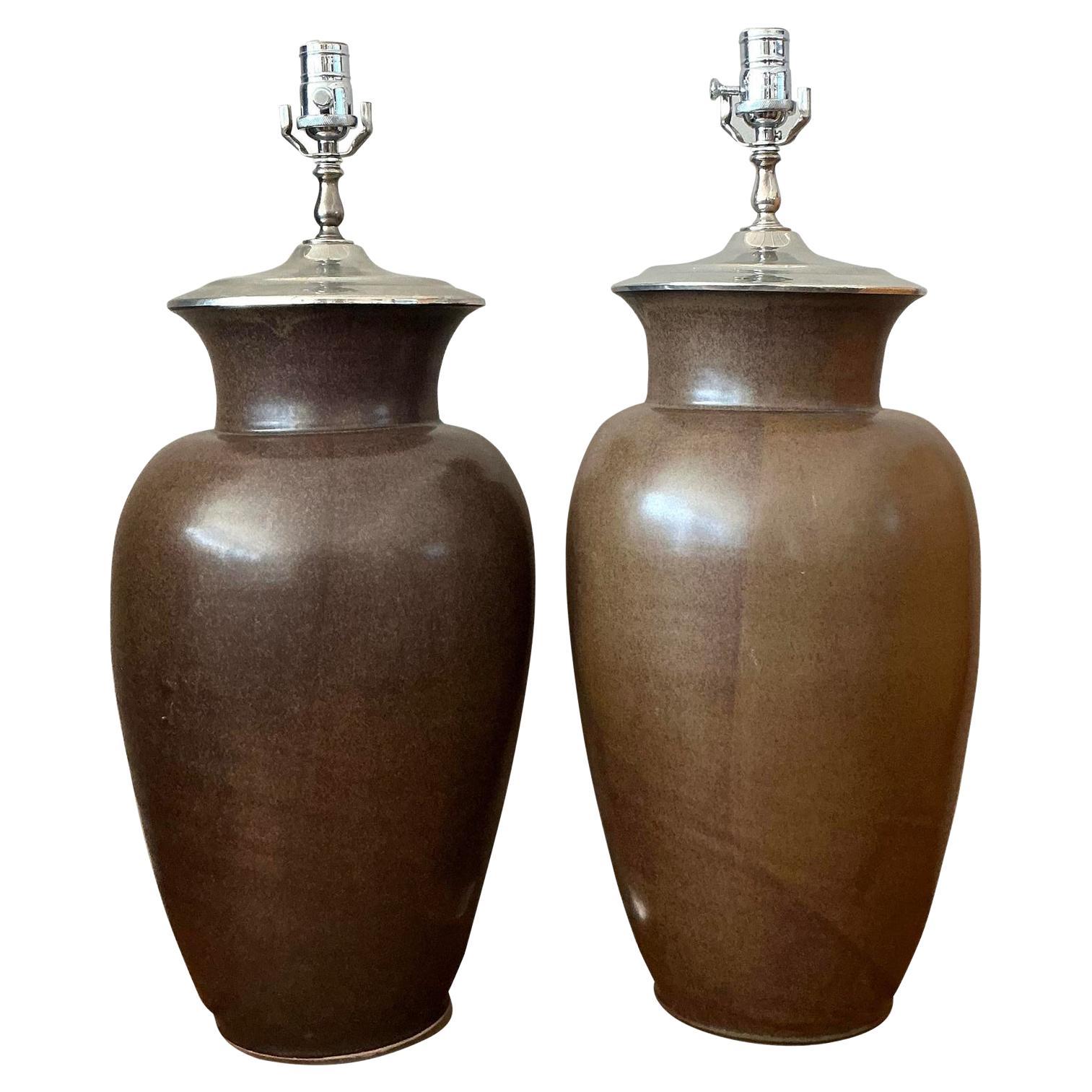 Lámparas Vintage Boho de Cerámica Esmaltada sobre Lucite - un Par en venta