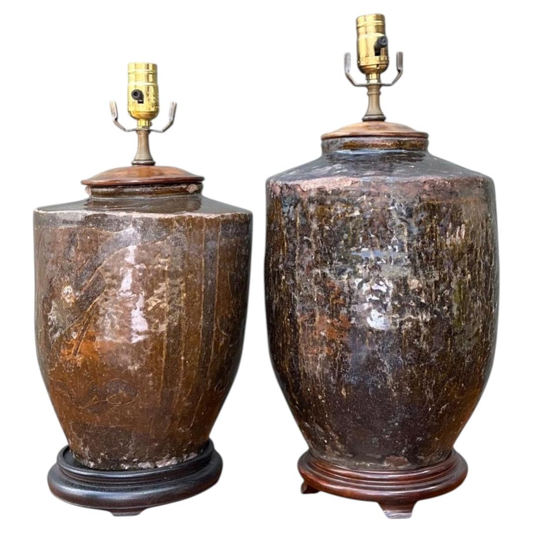 Vintage Boho Glazed Ceramic Lamps - Set Of 2