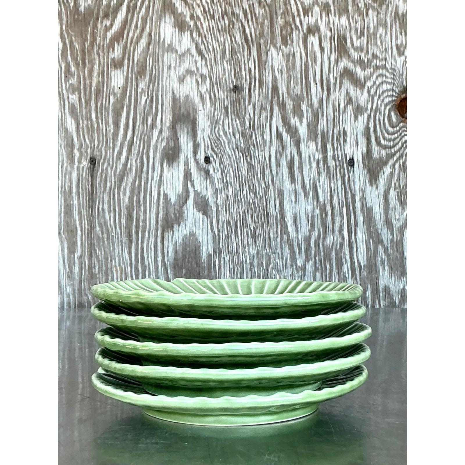 Assiettes à feuilles en céramique émaillée Boho vintage - Lot de 5 en vente 1