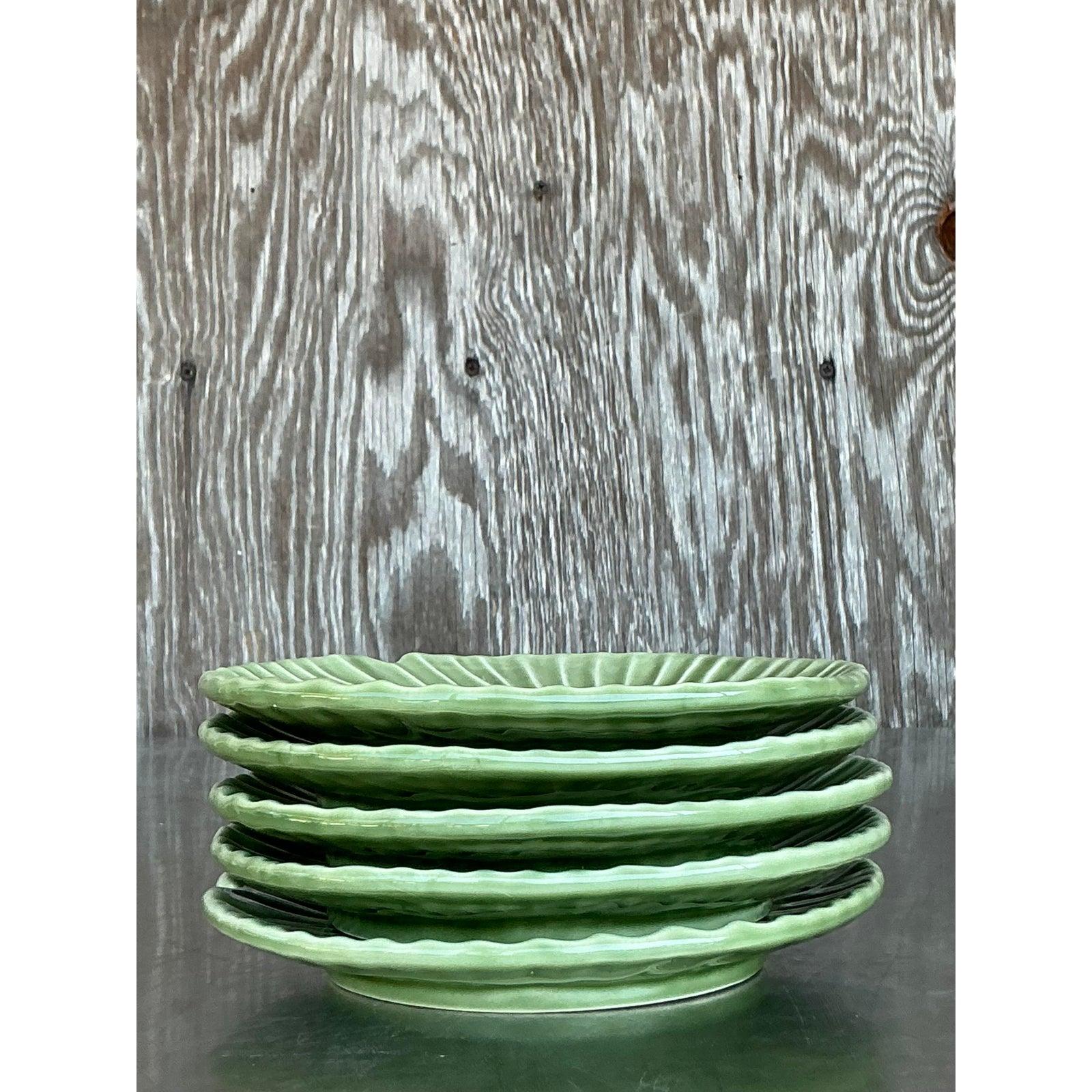 Assiettes à feuilles en céramique émaillée Boho vintage - Lot de 5 en vente 2