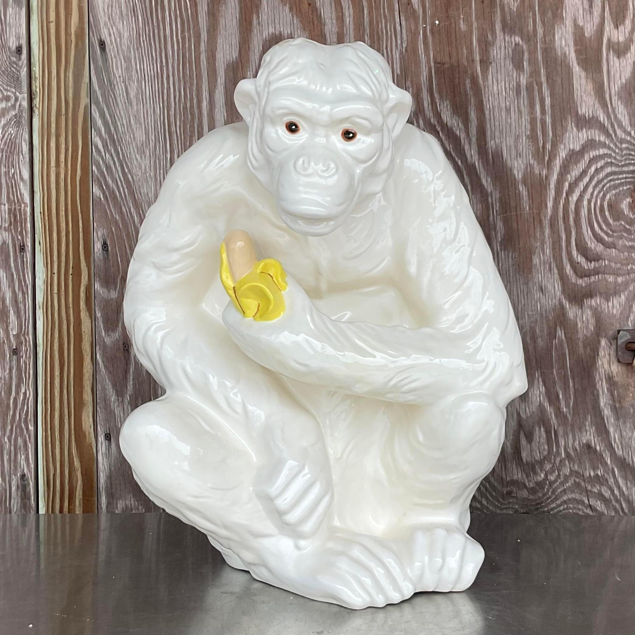  Vintage Boho Glazed Ceramic Life Size Monkey In Good Condition In west palm beach, FL