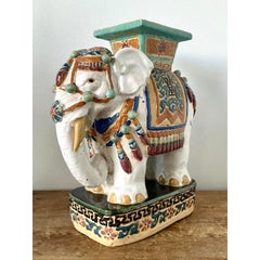 Vintage Boho Glazed Ceramic Low Elephant Stool
