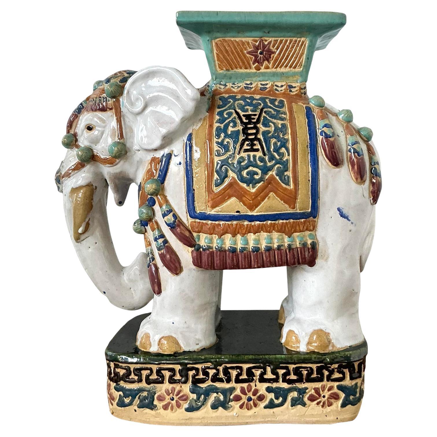 Vintage Boho Glazed Ceramic Low Elephant Stool For Sale