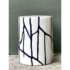 Vintage Boho Glazed Ceramic Low Stool