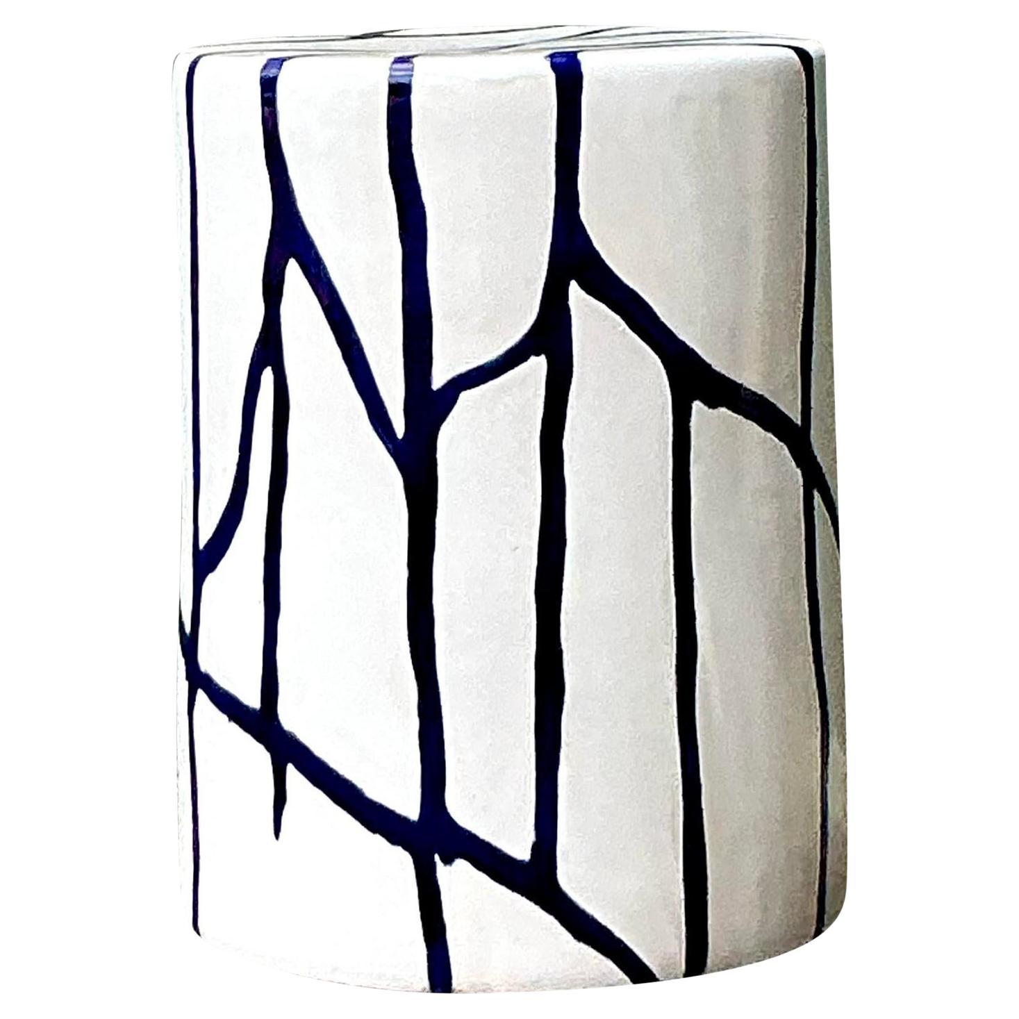 Vintage Boho Glazed Ceramic Low Stool For Sale