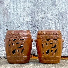 Vintage Boho Glazed Ceramic Low Stools - a Pair