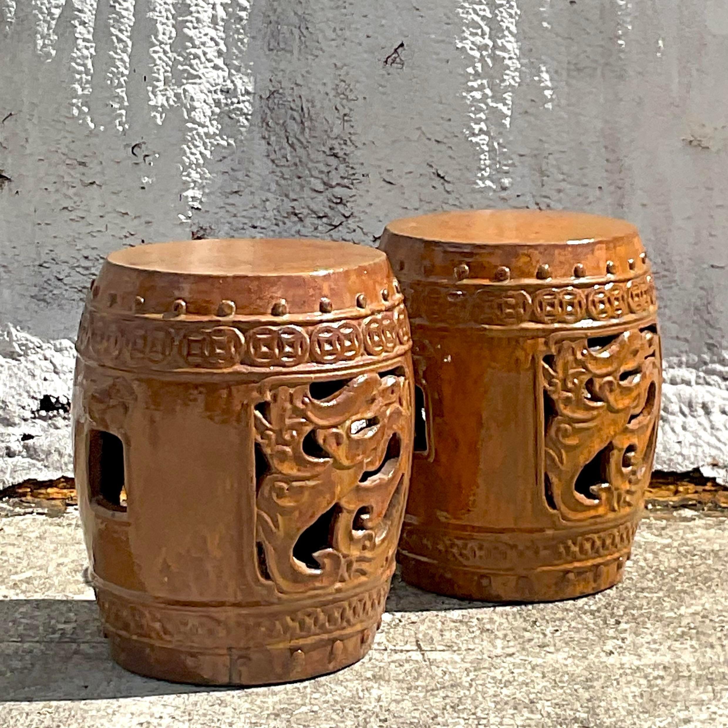Chinese Vintage Boho Glazed Ceramic Low Stools - a Pair