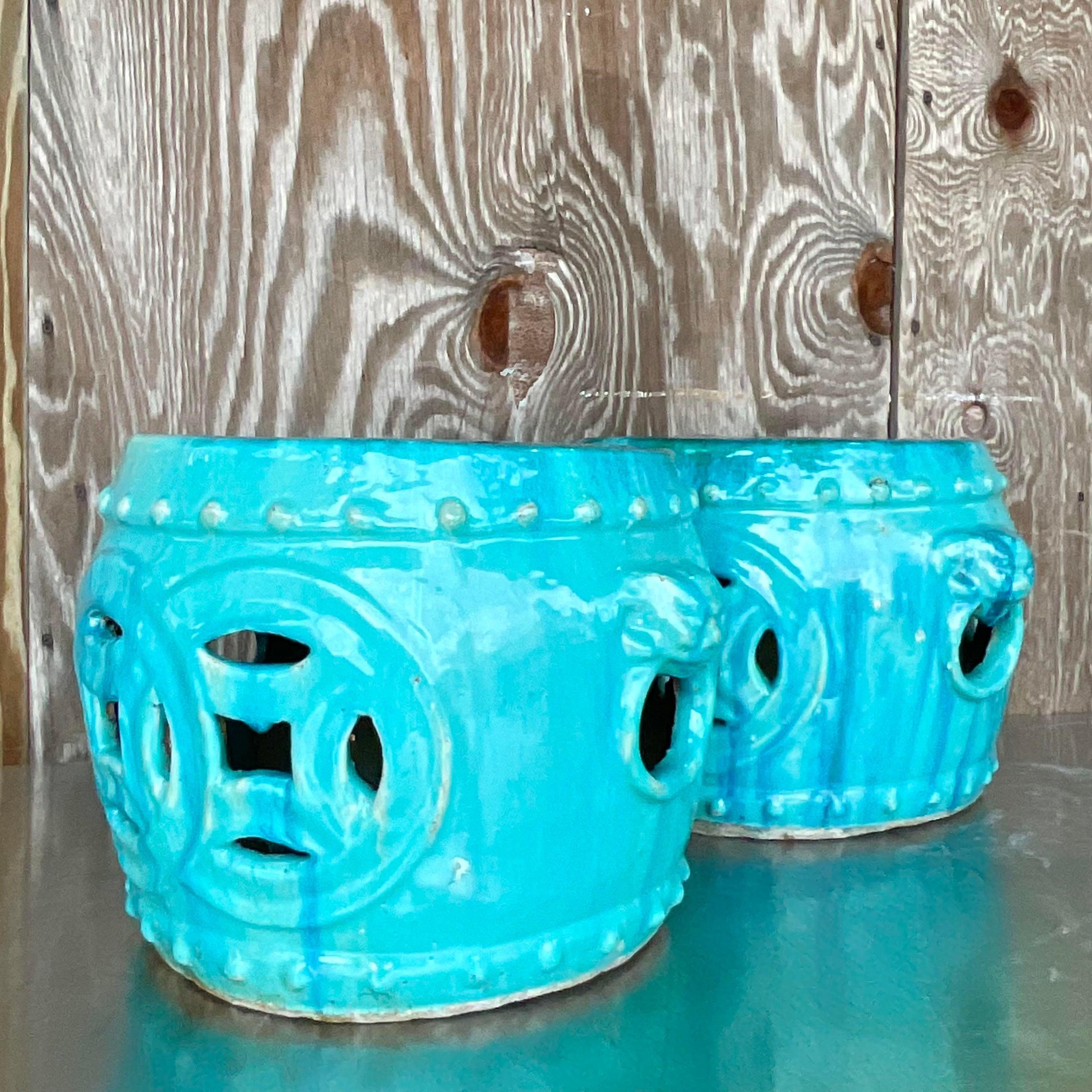 American Vintage Boho Glazed Ceramic Low Stools - a Pair For Sale