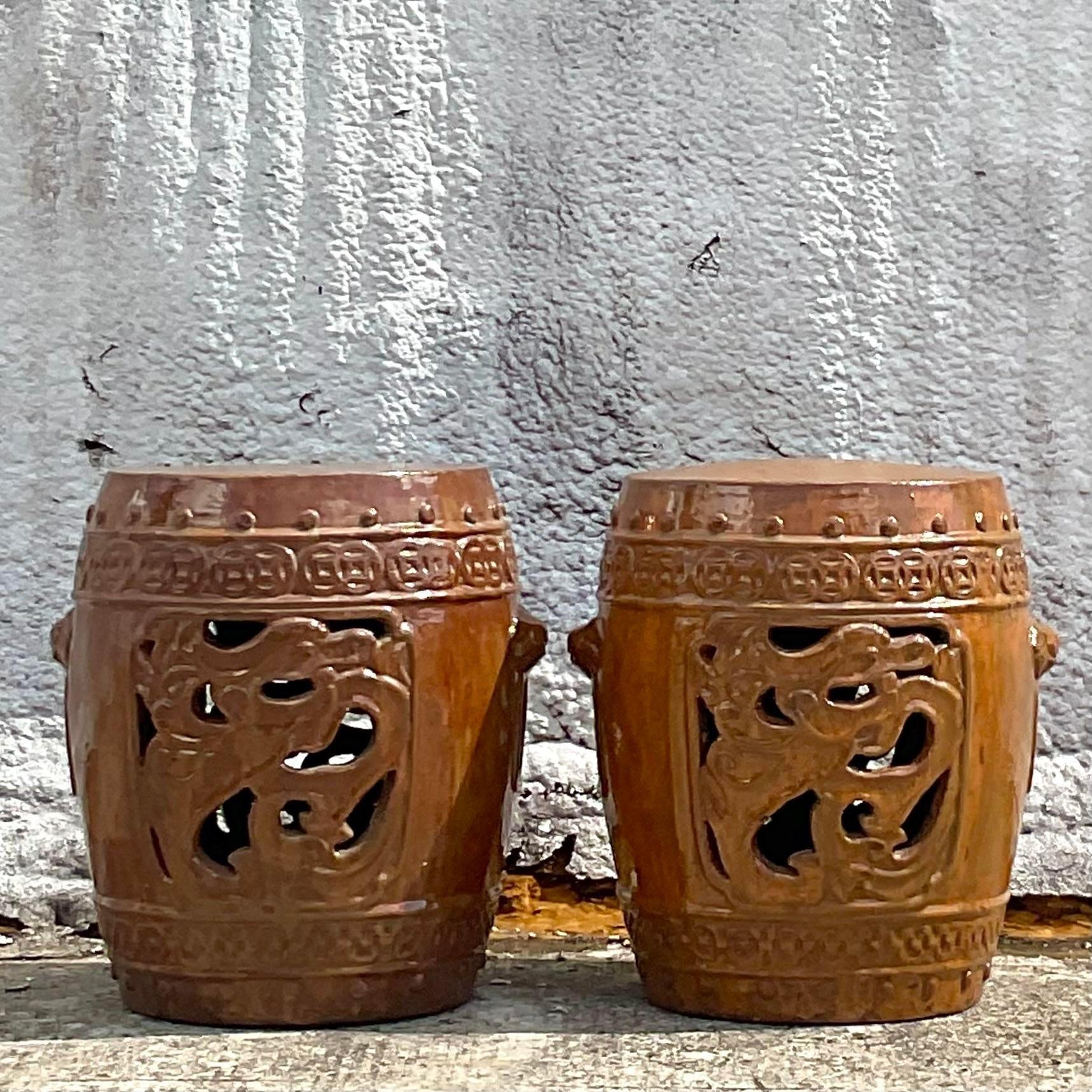 Vintage Boho Glazed Ceramic Low Stools - a Pair In Good Condition In west palm beach, FL