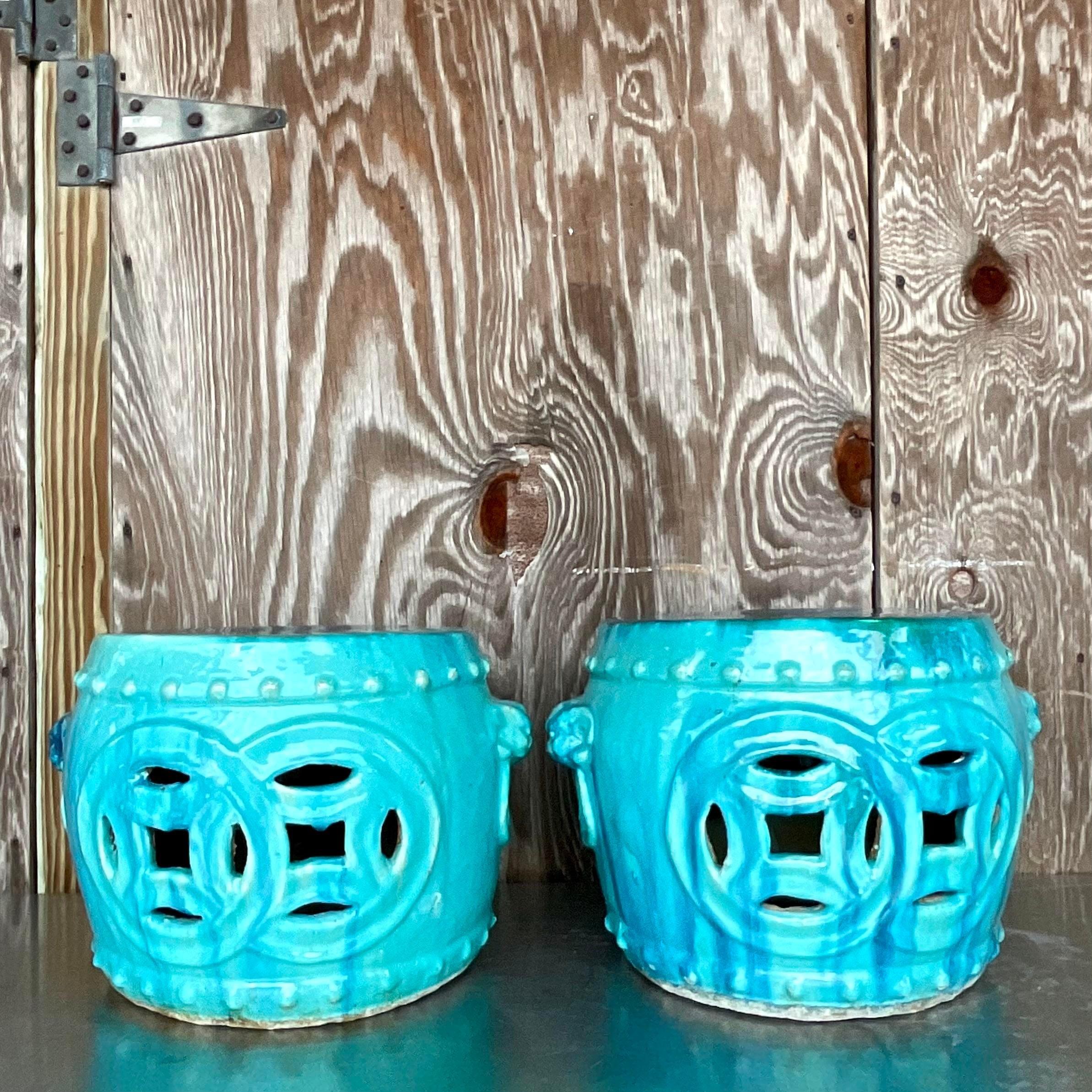 Vintage Boho Glazed Ceramic Low Stools - a Pair In Good Condition For Sale In west palm beach, FL