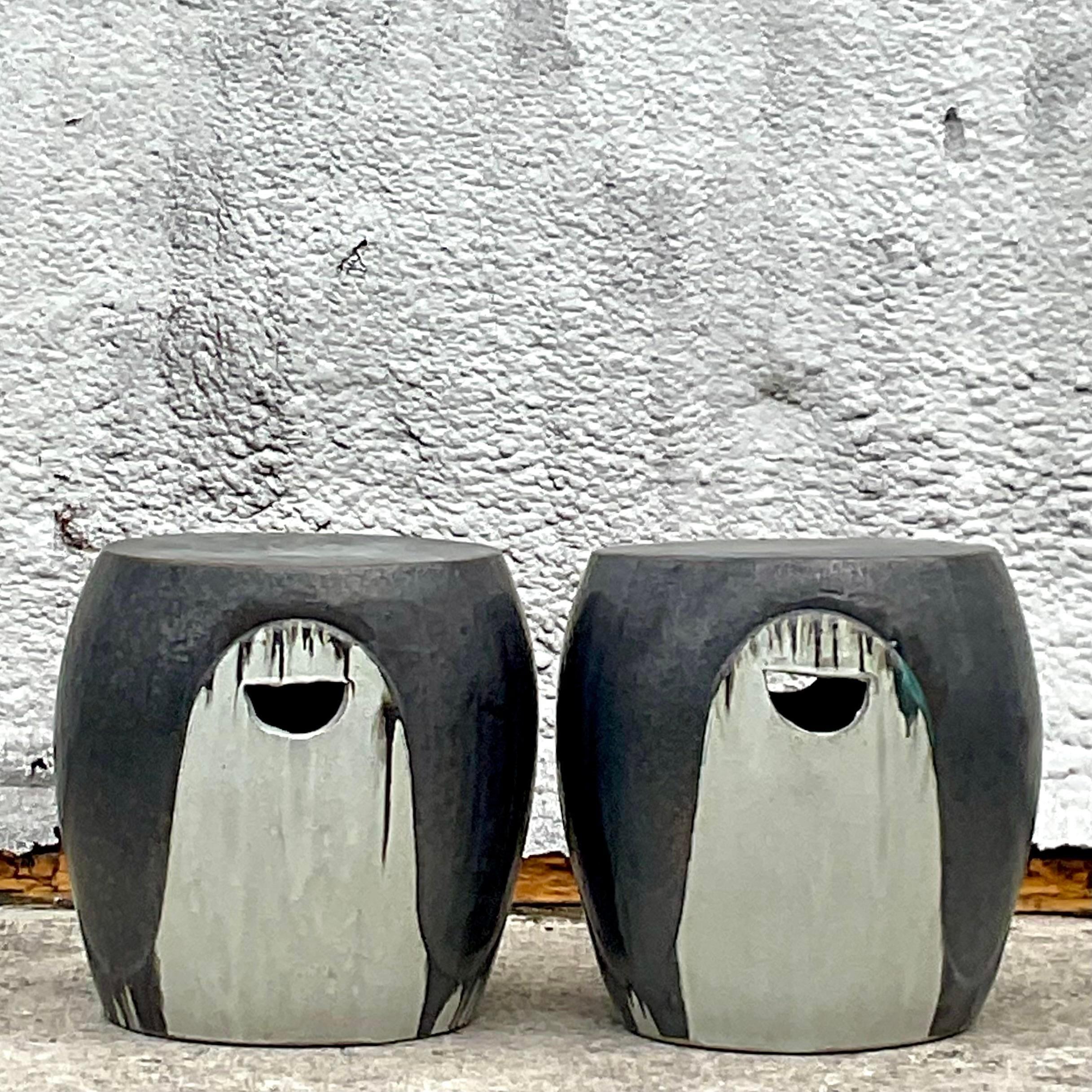 Contemporary Vintage Boho Glazed Ceramic Low Stools - a Pair