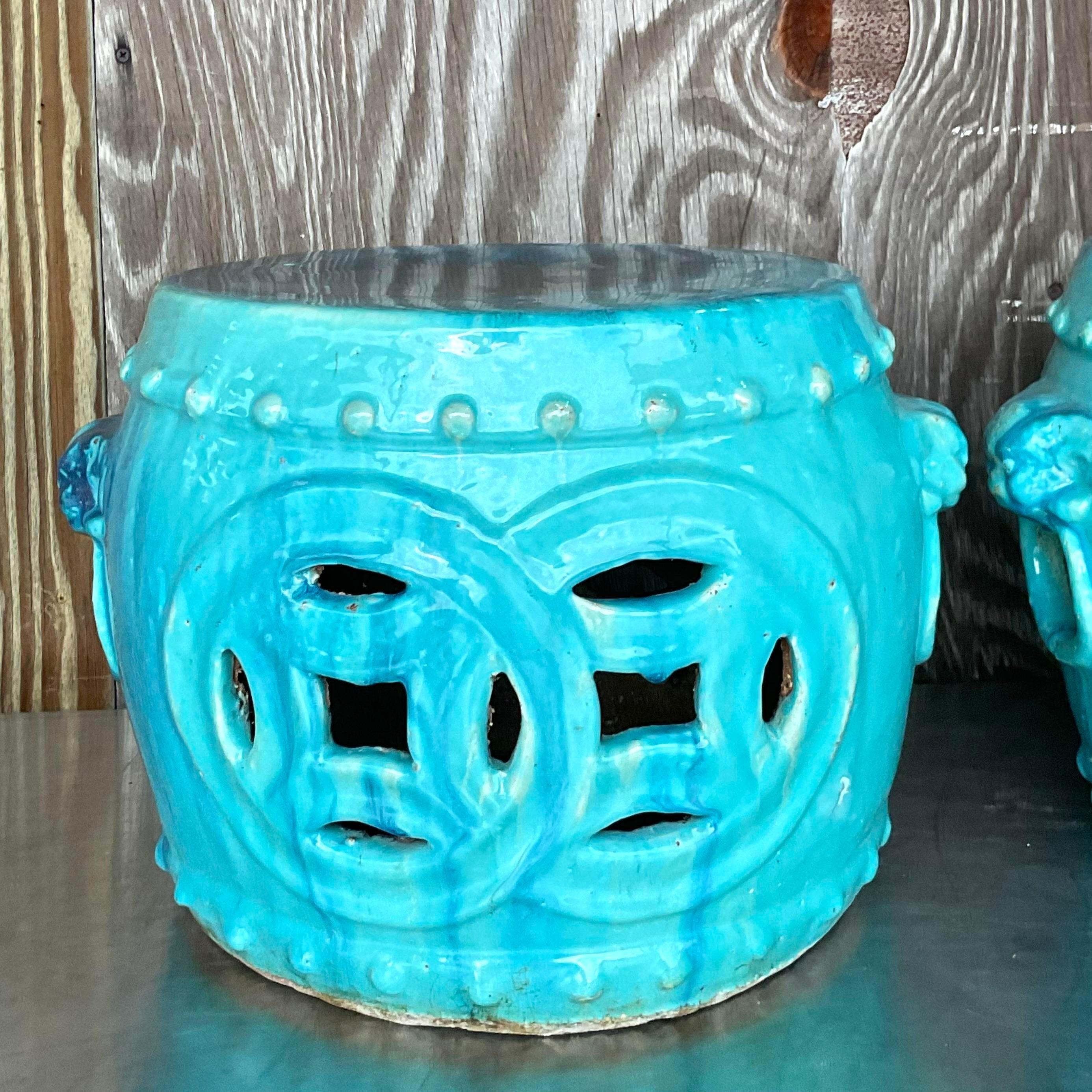 20th Century Vintage Boho Glazed Ceramic Low Stools - a Pair For Sale