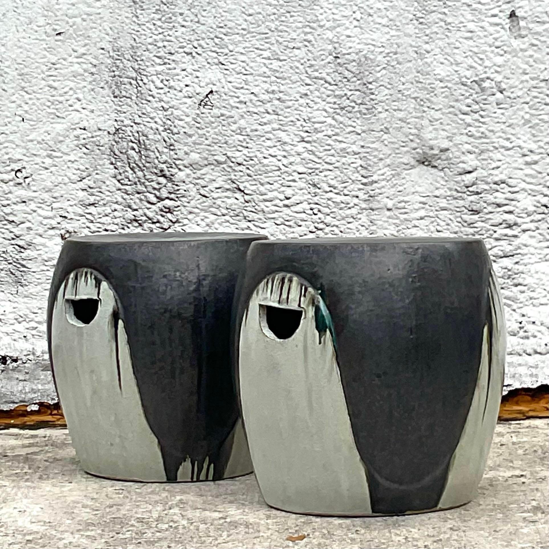 Vintage Boho Glazed Ceramic Low Stools - a Pair 1