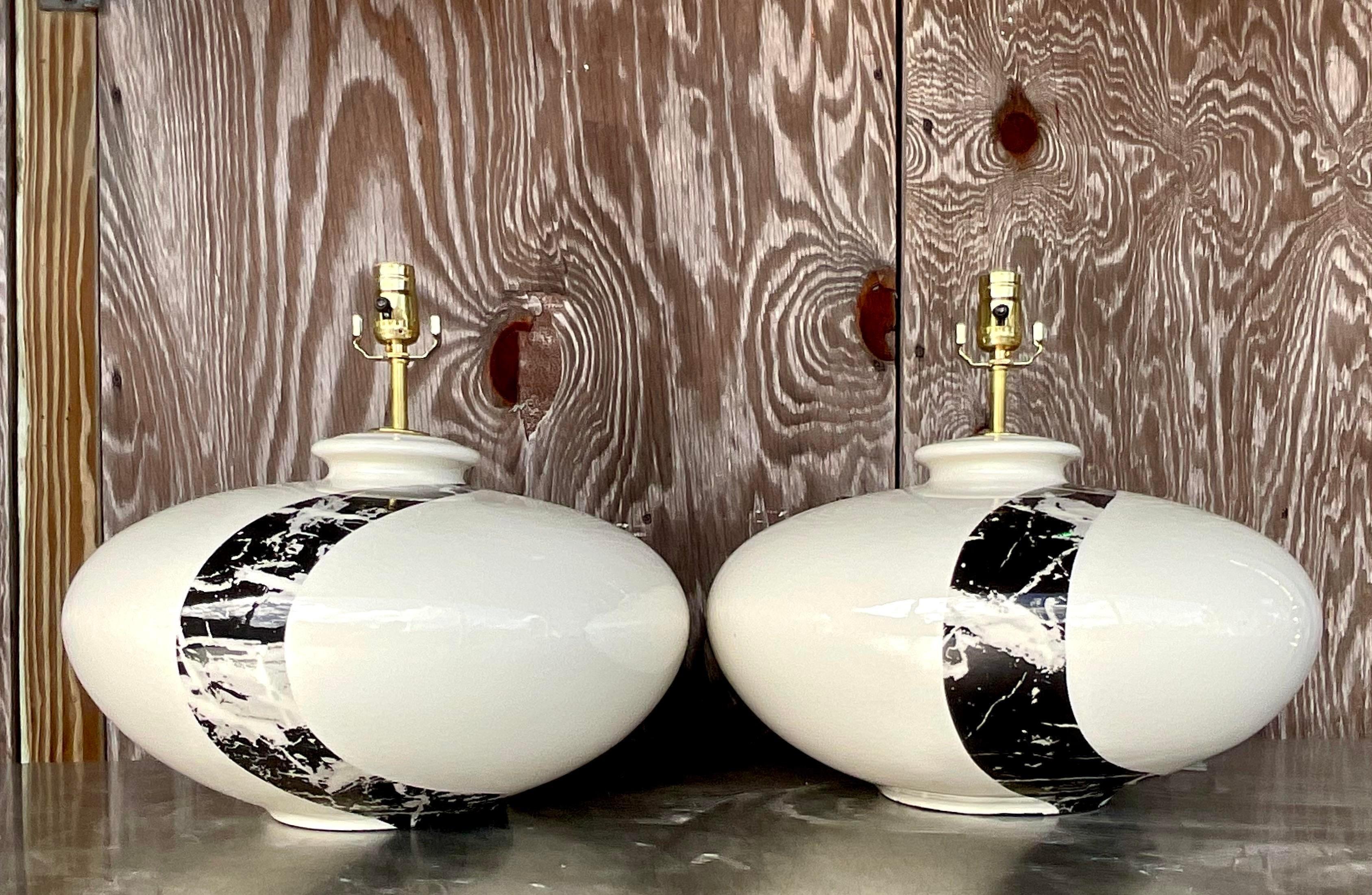 Fin du 20e siècle Paire de lampes vintage Boho en céramique émaillée - une paire en vente