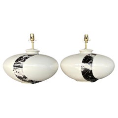 Vintage Boho Glazed Ceramic Marble Slash Lamps - a Pair