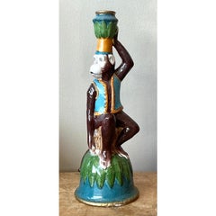 Vintage Boho Glazed Ceramic Monkey Candlestick