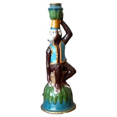 Vintage Boho Glazed Ceramic Monkey Candlestick