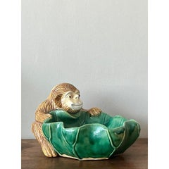 Vintage Boho Glazed Ceramic Monkey Centerpiece Bowl