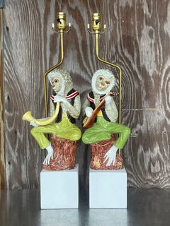 Vintage Boho Glazed Ceramic Monkey Lamps - a Pair