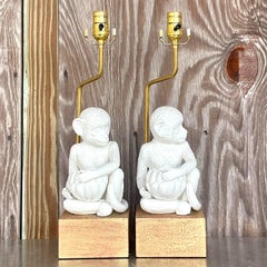 Vintage Boho Glazed Ceramic Monkey Lamps - a Pair
