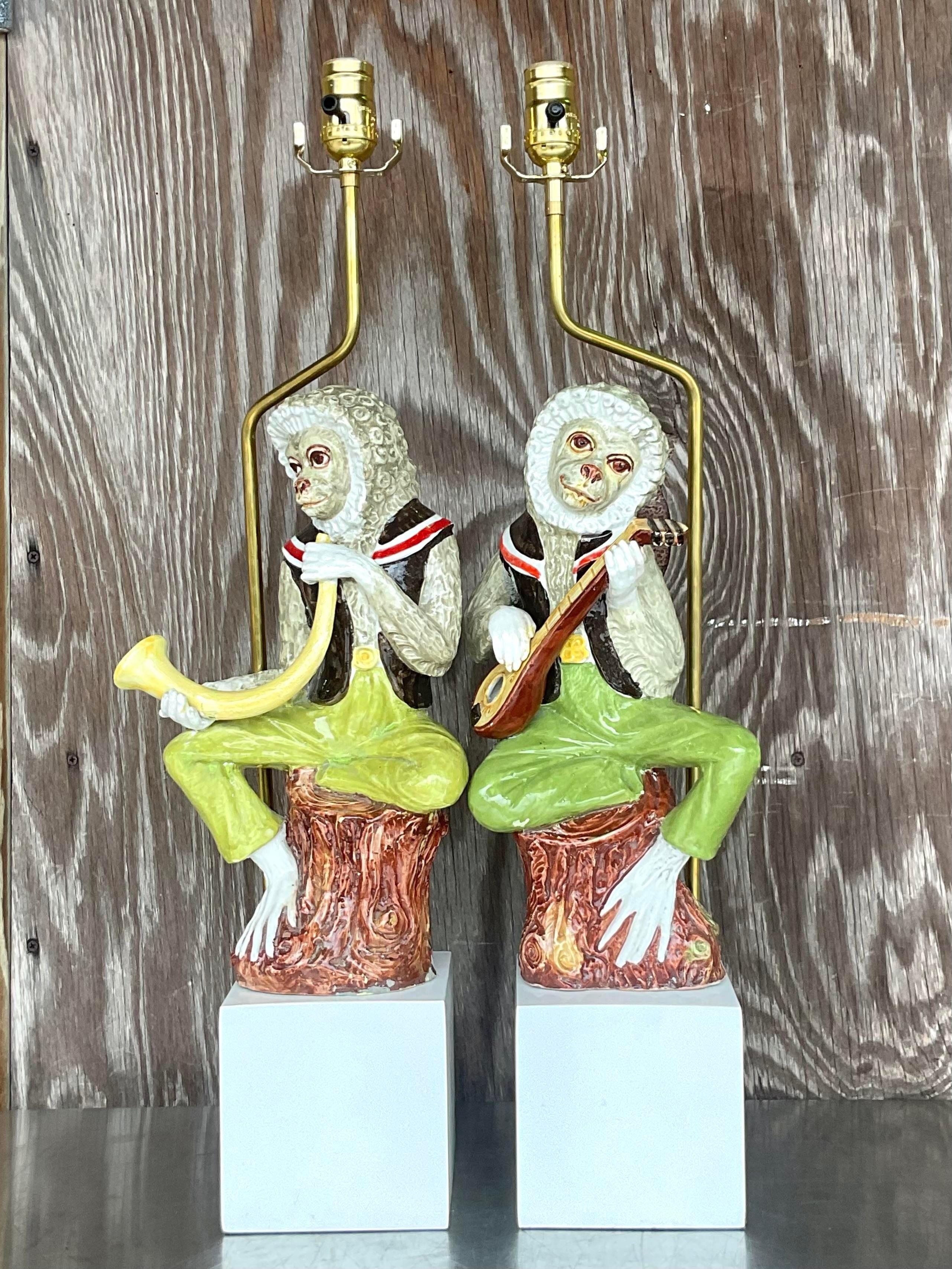 italien Paire de lampes singe vintage en céramique émaillée Boho