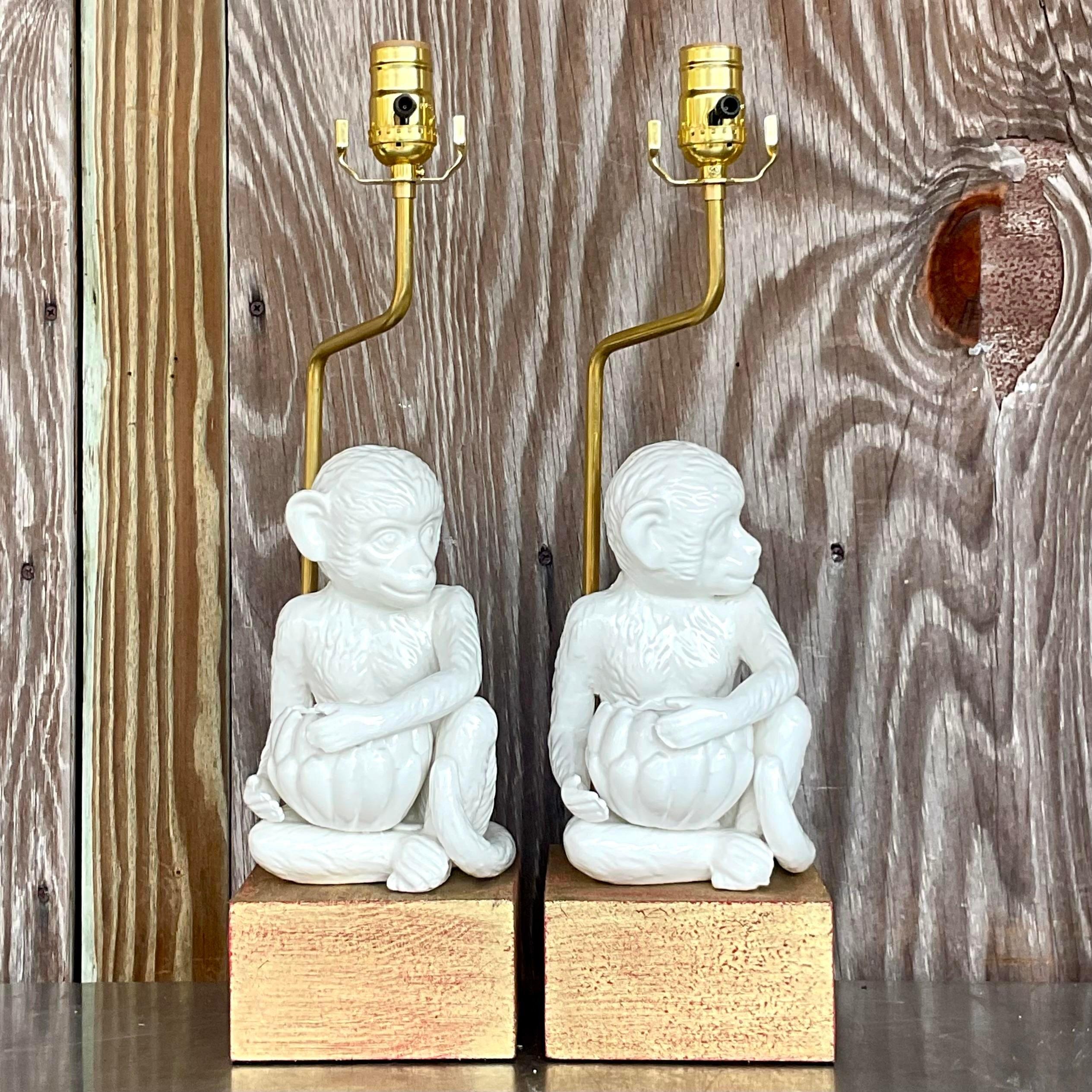 American Vintage Boho Glazed Ceramic Monkey Lamps - a Pair