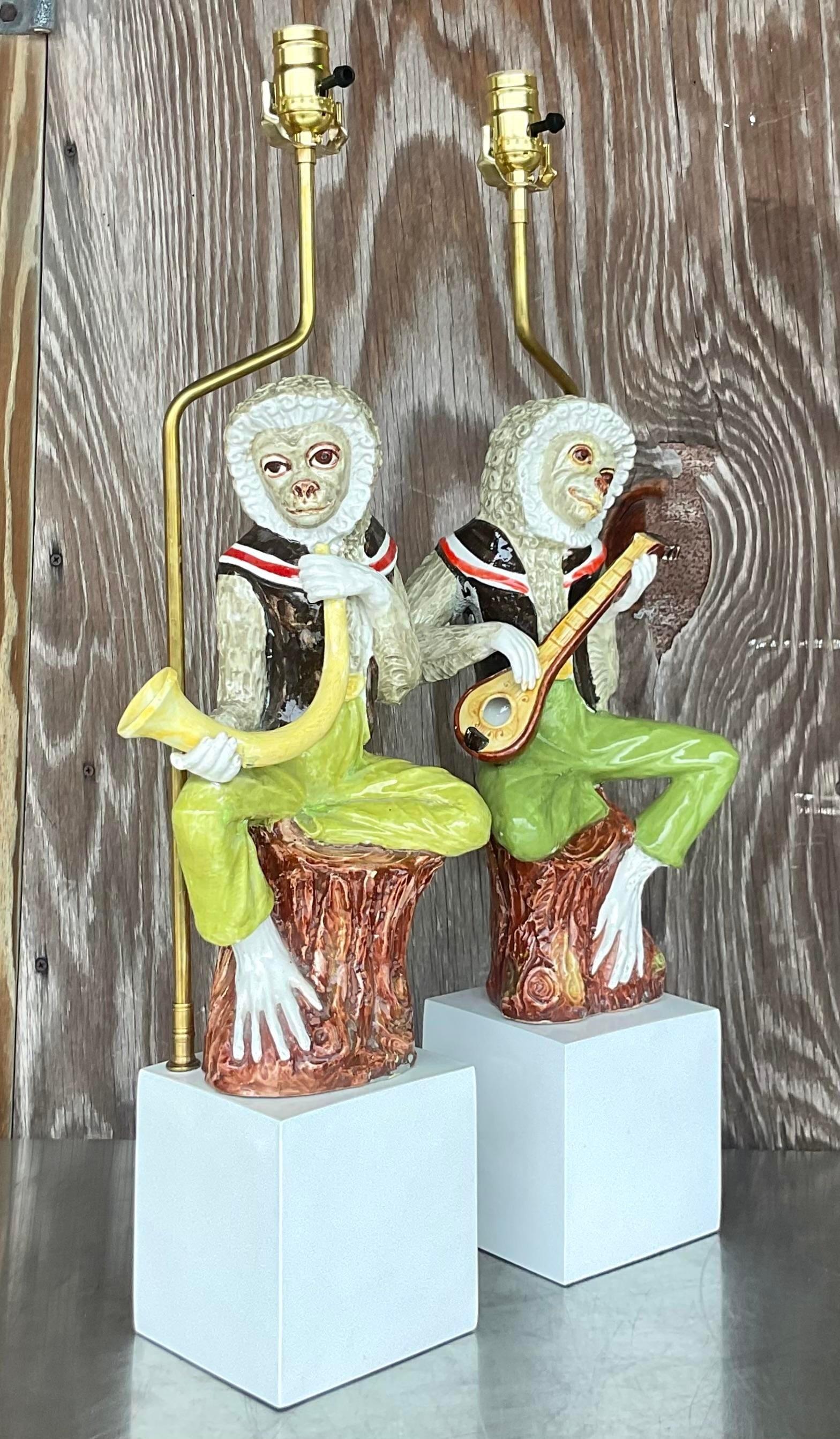 Paire de lampes singe vintage en céramique émaillée Boho Bon état à west palm beach, FL