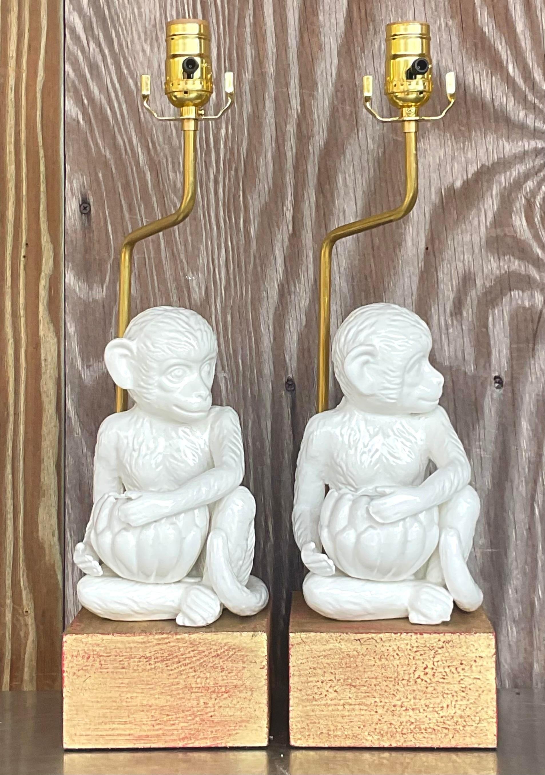 Vintage Boho Glazed Ceramic Monkey Lamps - a Pair In Good Condition In West Palm Beach, FL