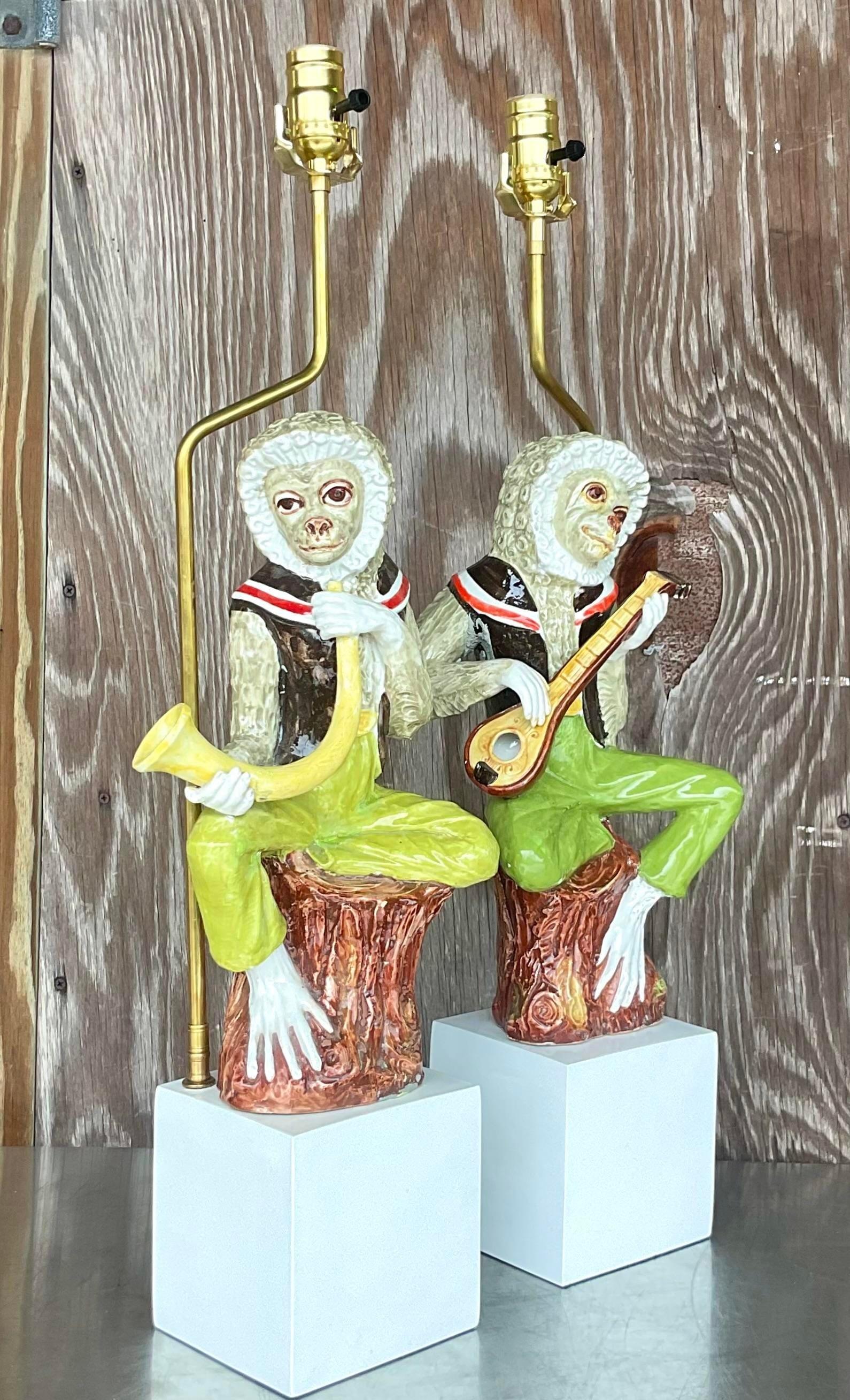 20ième siècle Paire de lampes singe vintage en céramique émaillée Boho