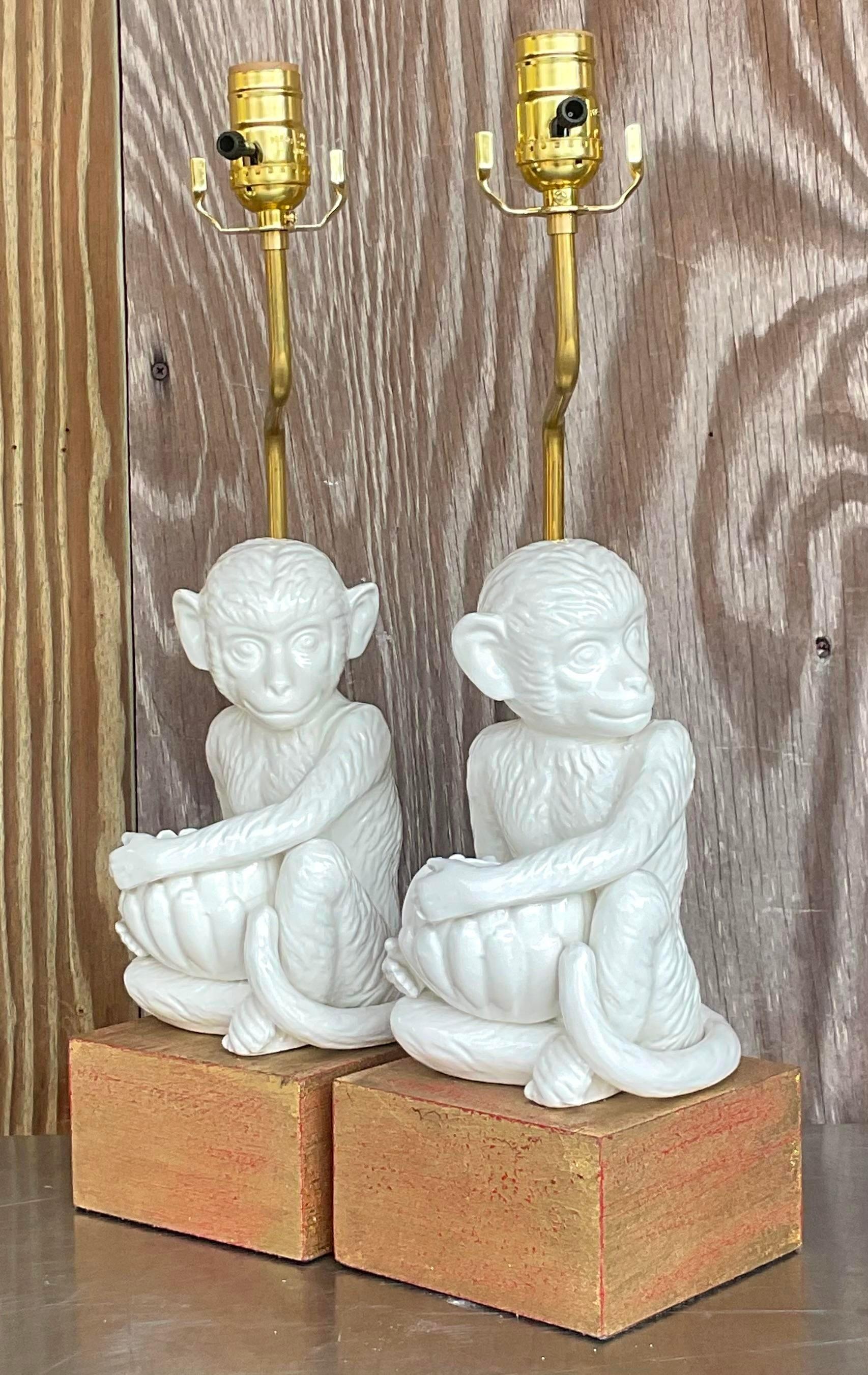 20th Century Vintage Boho Glazed Ceramic Monkey Lamps - a Pair
