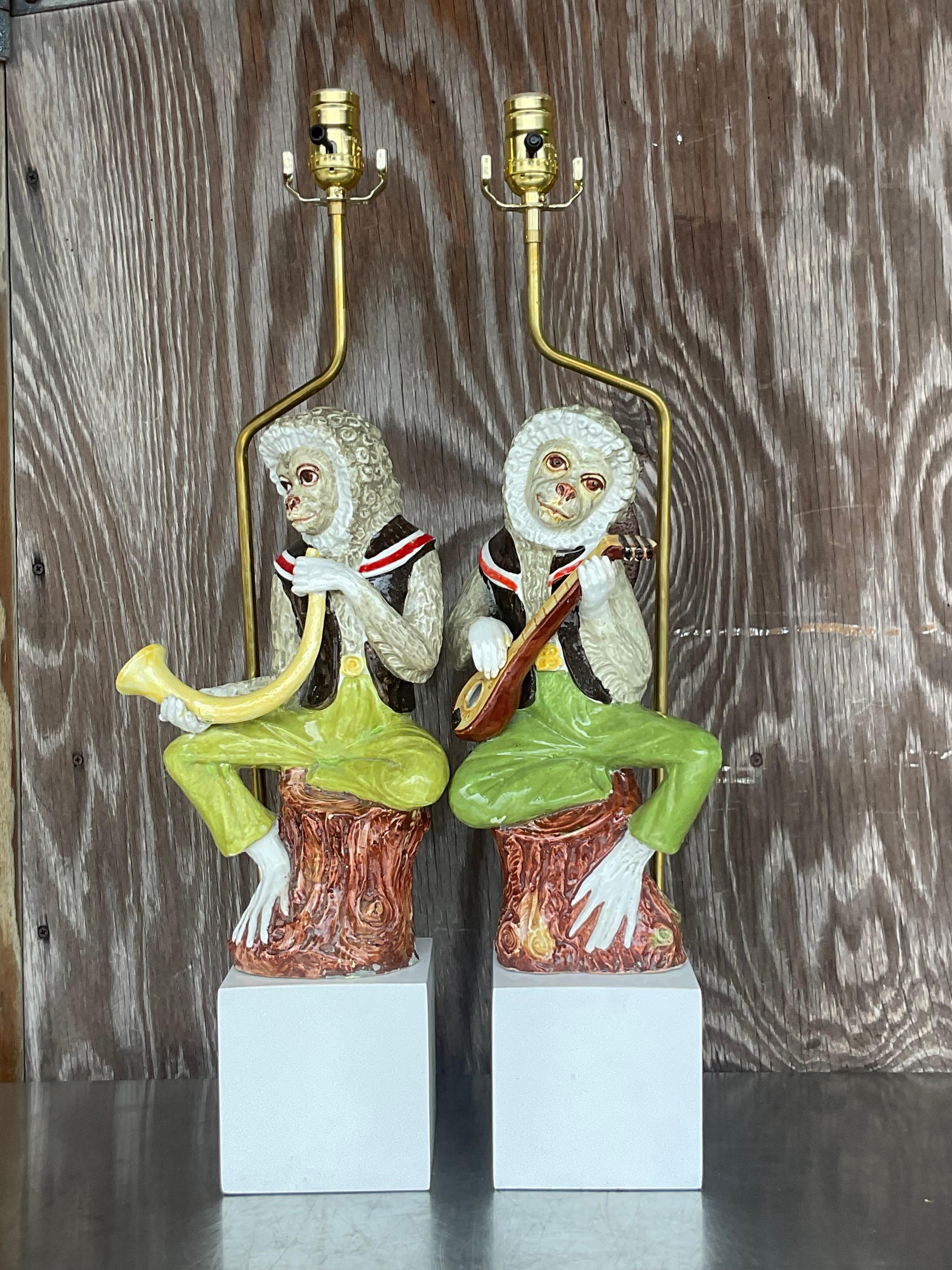 Métal Paire de lampes singe vintage en céramique émaillée Boho
